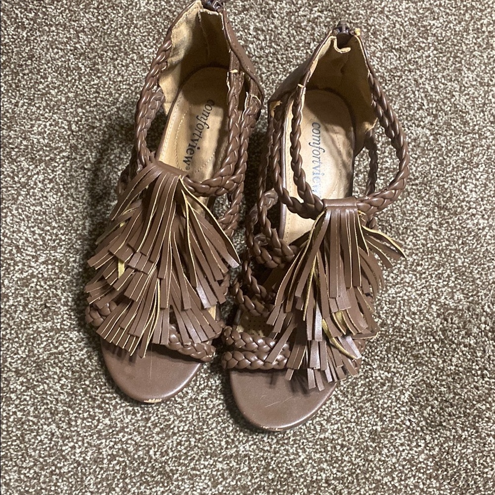 Comfortview Brown Fringe Sandals with Ankle Strap